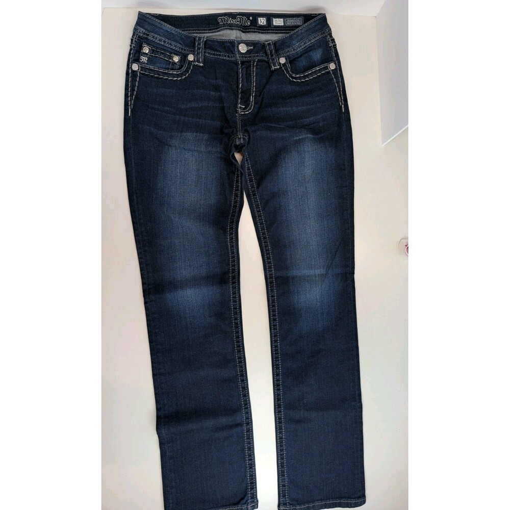 Miss Me Jeans Women's Boot Cut Crystal Stud Pocket Dark Wash Long Inseam